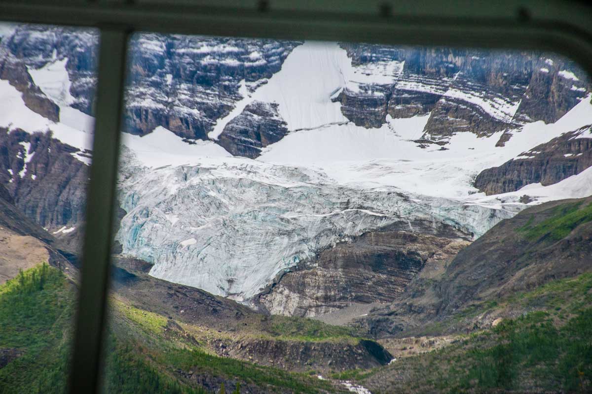 View of a glacier from the window of a cruise to Spirit island in Jasper National Park