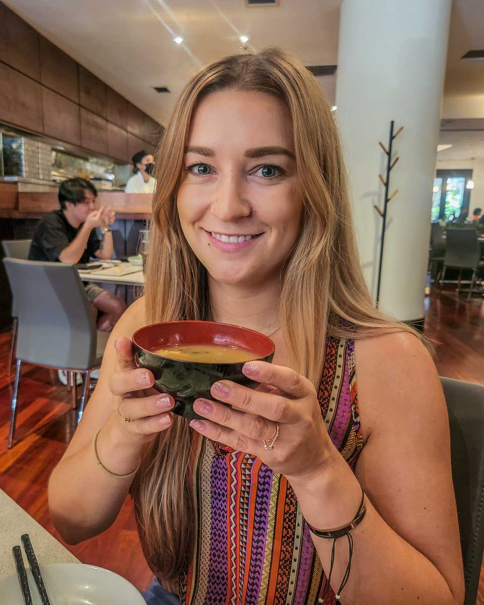 Bailey drinks Miso Soup at Minami in Yaletown