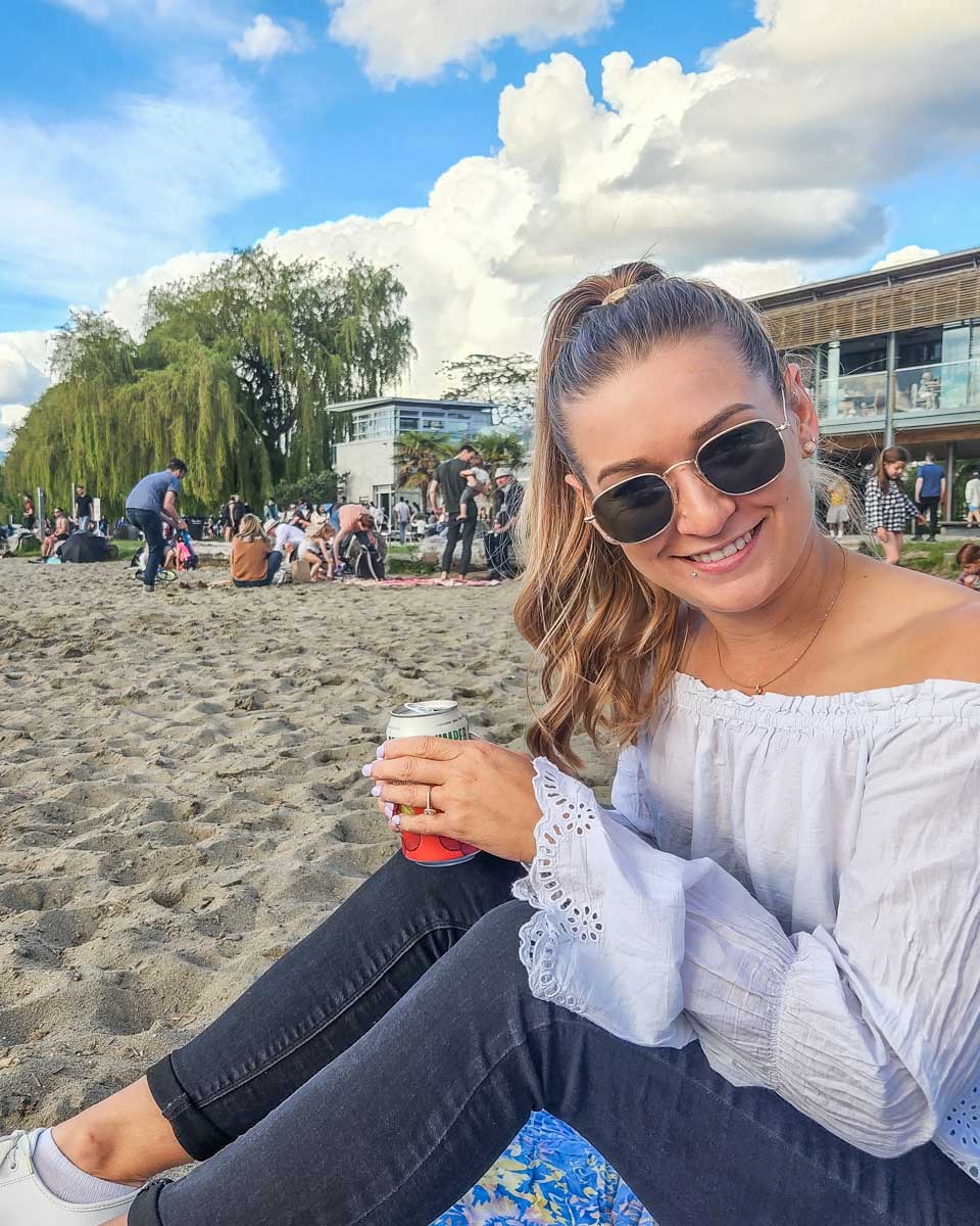 Bailey enjoys a drink at Kitsilano, Beach, Vancouver