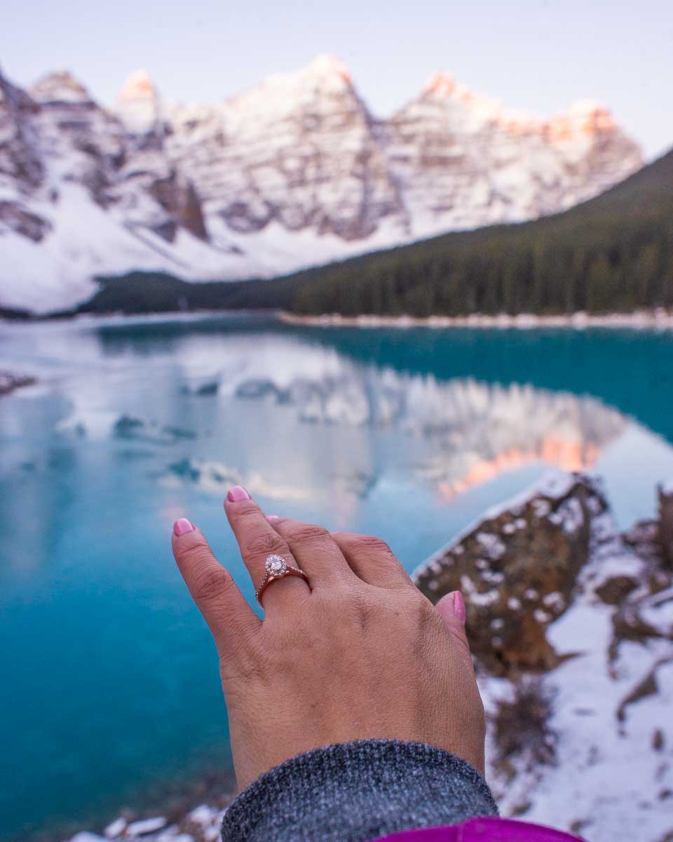 Bailey's enagement ring at Moraine Lake