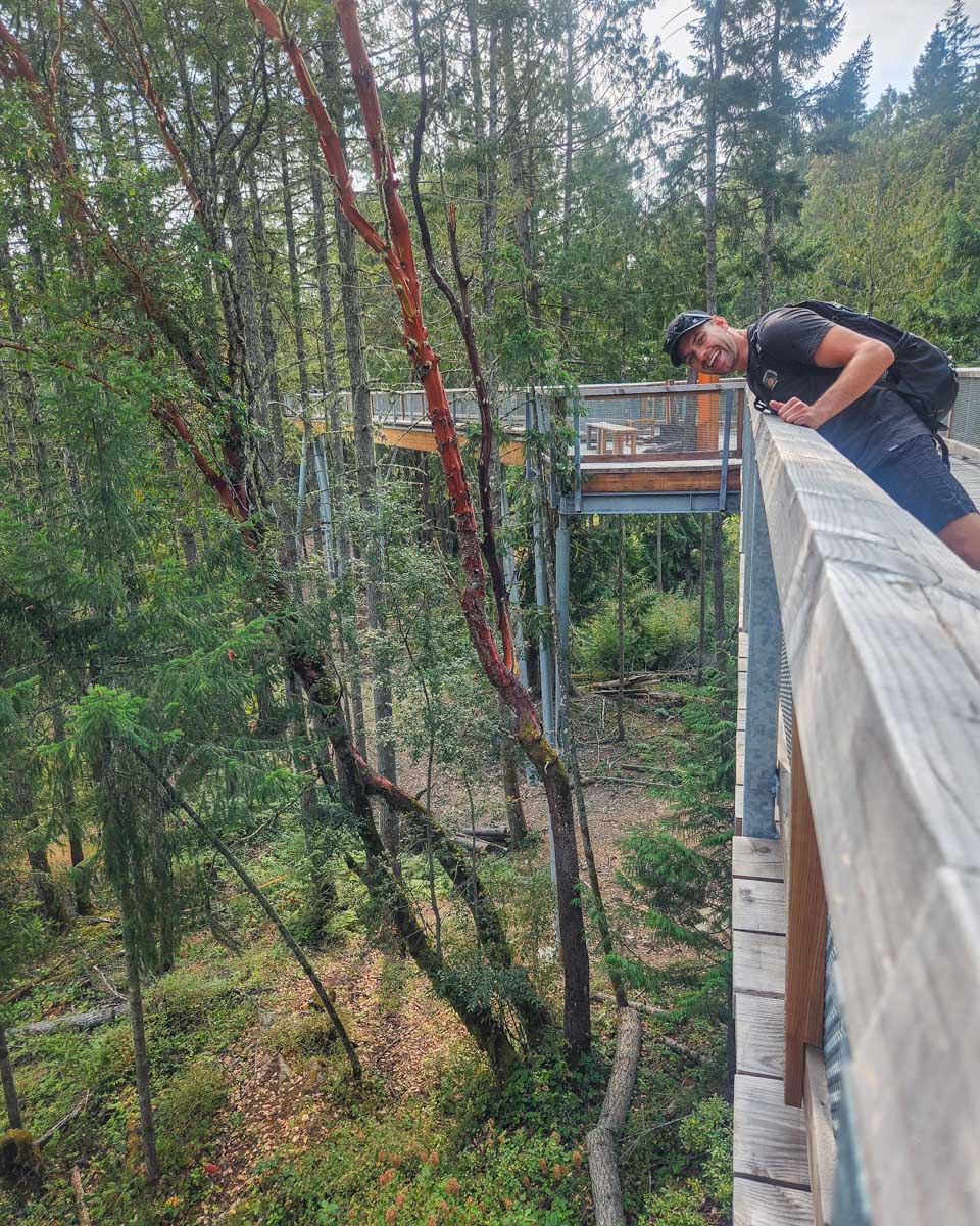 Daniel looks over the edge at the Malahat Skywalk in Malahat, British Columbia Adventure Walk