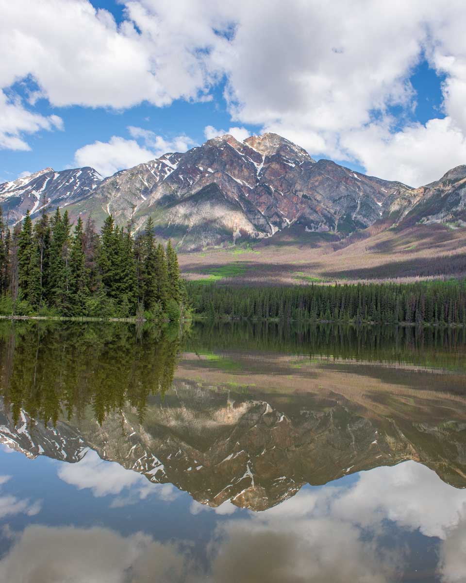 Mountain reflection at Pyramid Lake in Jasper National Park, Canada