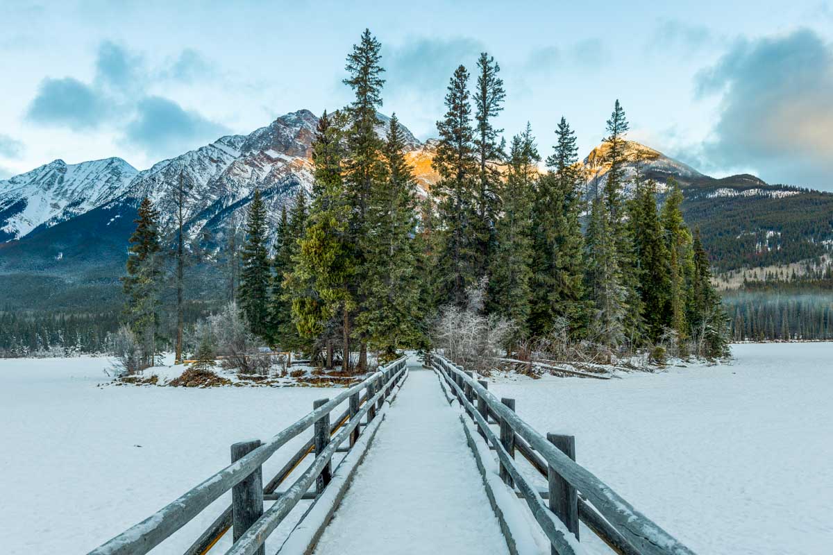 Pyramid Lake in Jasper National Park, Canada in winter