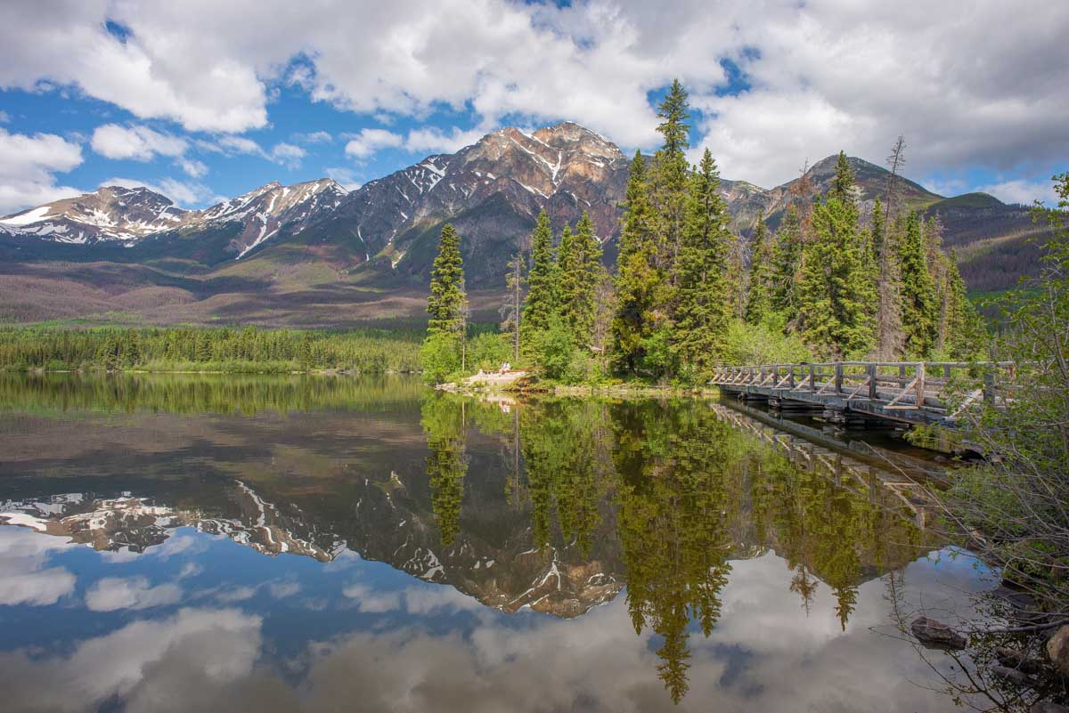 The bridge that travels to Pyramid Island at Pyramid Lake in Jasper National Park, Canada