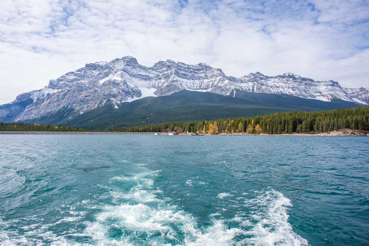 View out the back of the boat on a Lake Minnewanka cruise