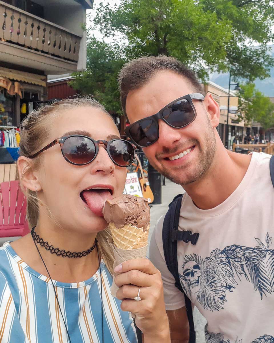 Bailey and Daniel enjoy Scoopin Moose in Canmore on 8th Street