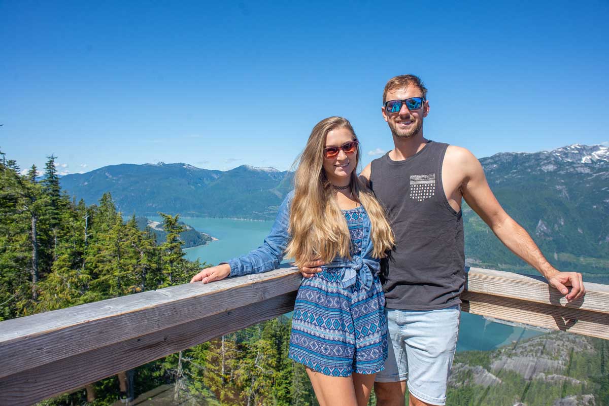 Bailey and Daniel pose for a photo at the Spirit Viewing Platform on the Sea to Sky Gondola