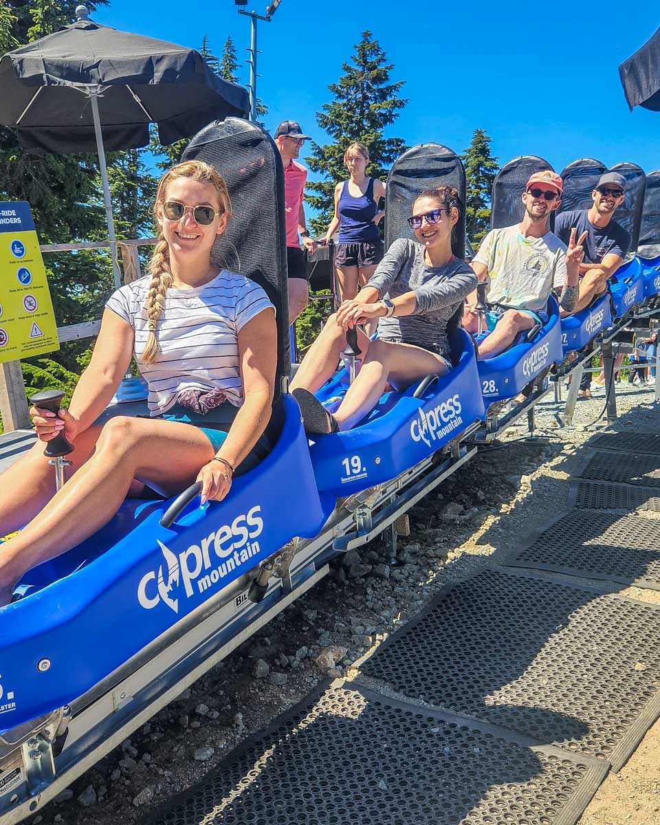 Bailey and Daniel with friends on the Cypress Eagle Coaster in Vancouver