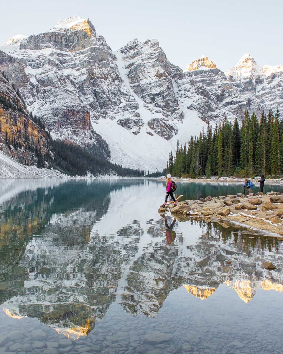 Bailey at Moraine Lake with a beautiful mountain backdrop