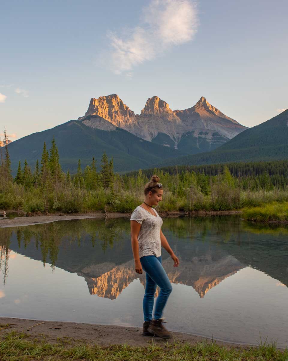 Bailey at the famous viewpoint of the Three Sisters in Canmore