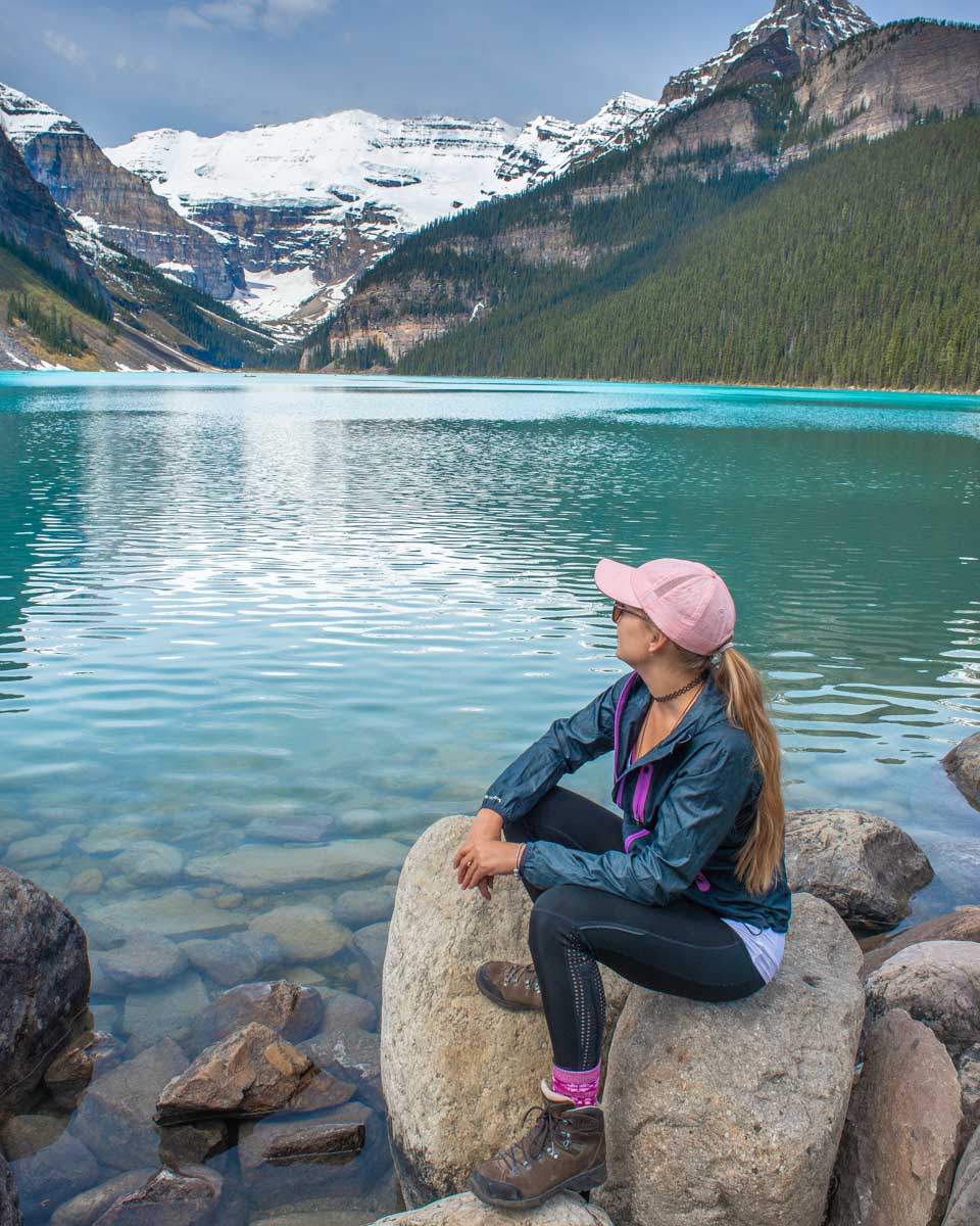 Bailey relaxes on a rock at Lake Louise