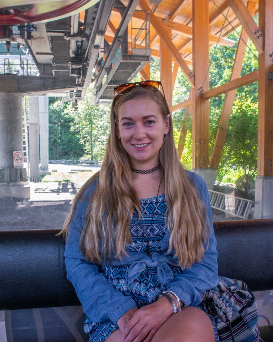 Bailey sits inside the Sea to Sky Gondola in British Columbia, Canada