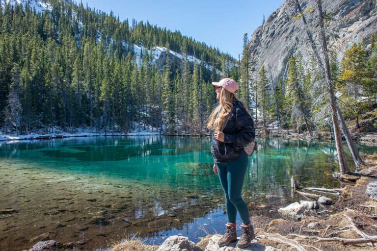 Bailey stands on the edge of Grassi Lakes, Canmore