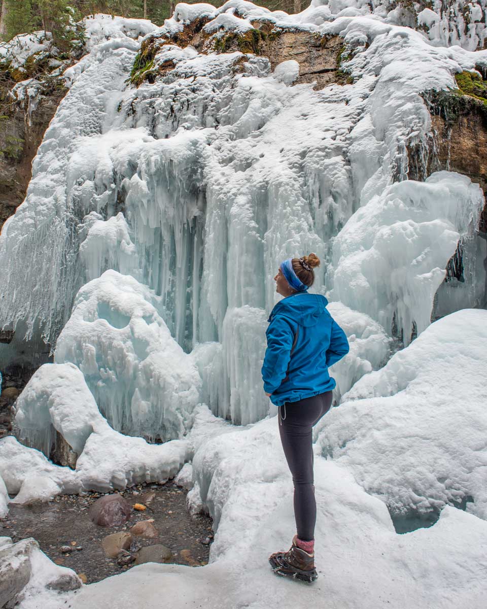 Bailey steps up on the ice in Maligne Canyon, Jasper National Park
