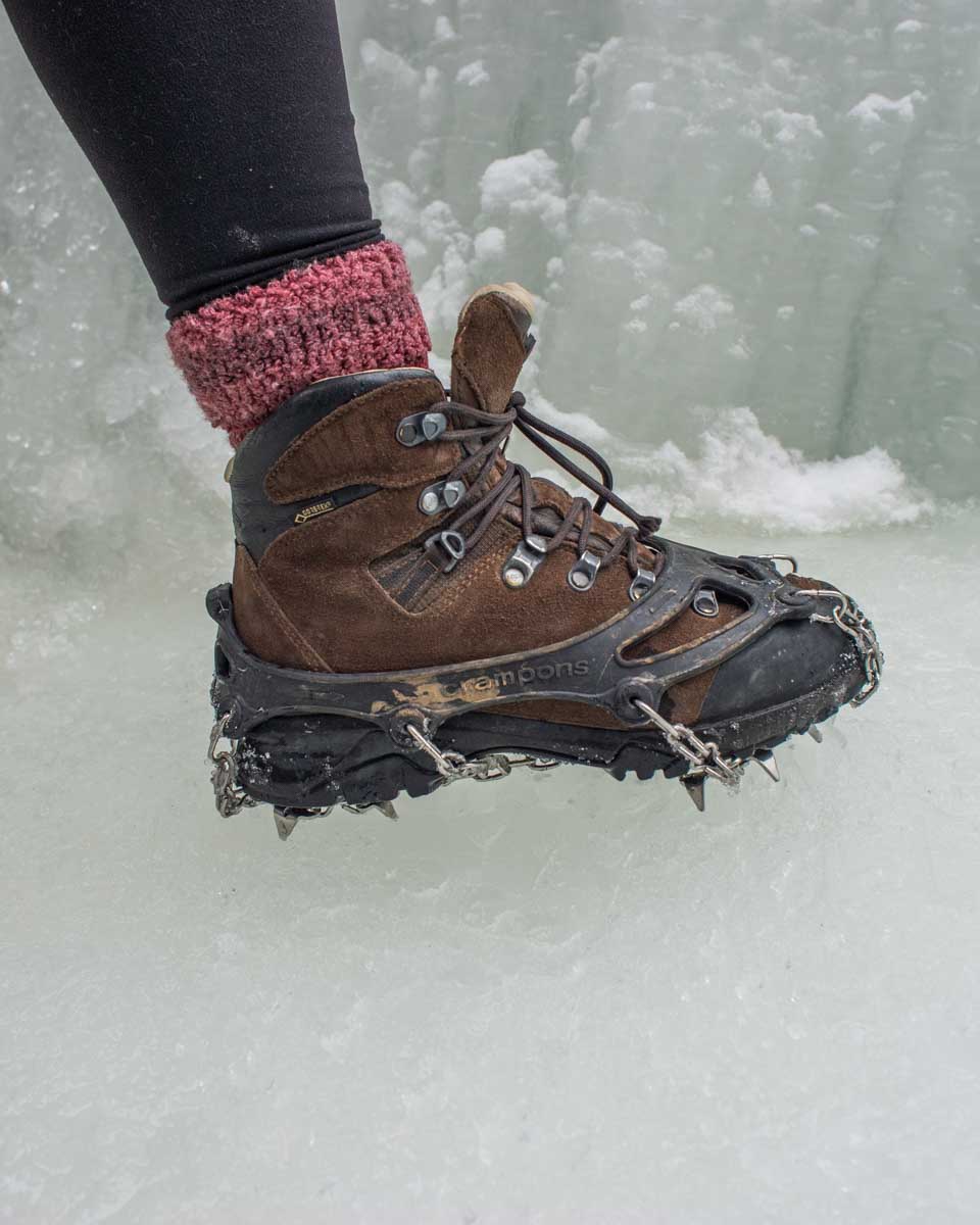 Baileys crampon on the ice in Maligne Canyon