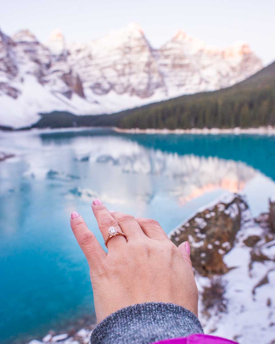 Baileys engagement ring at Moraine Lake
