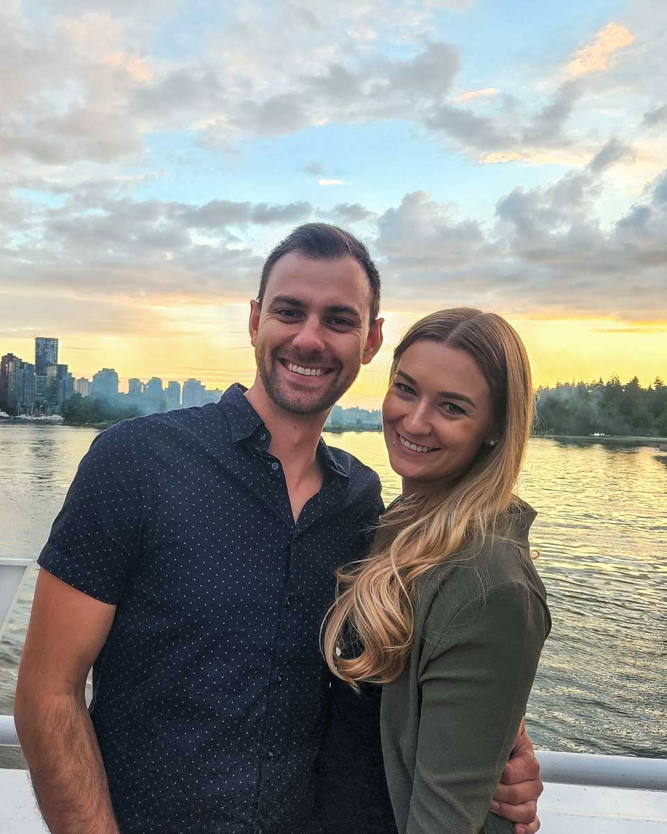 Daniel and Bailey at sunset on a cruise in Vancouver