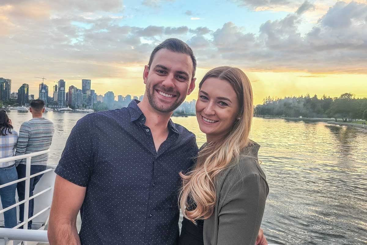 Daniel and Bailey on a sunset cruise in Vancouver, Canada