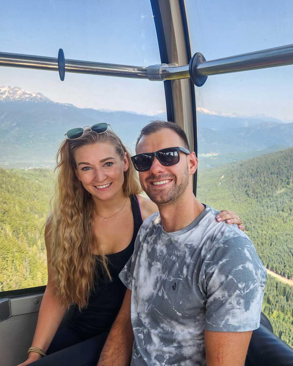 Daniel and Bailey pose for a selfie on the Peak to Peak Gondola in Whistler, BC