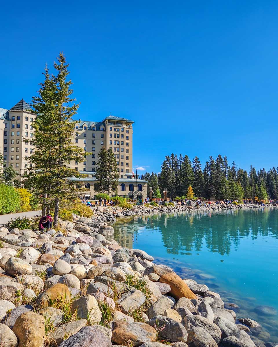 Lake Louise foreshore and the Fairmont hotel in Banff National Park