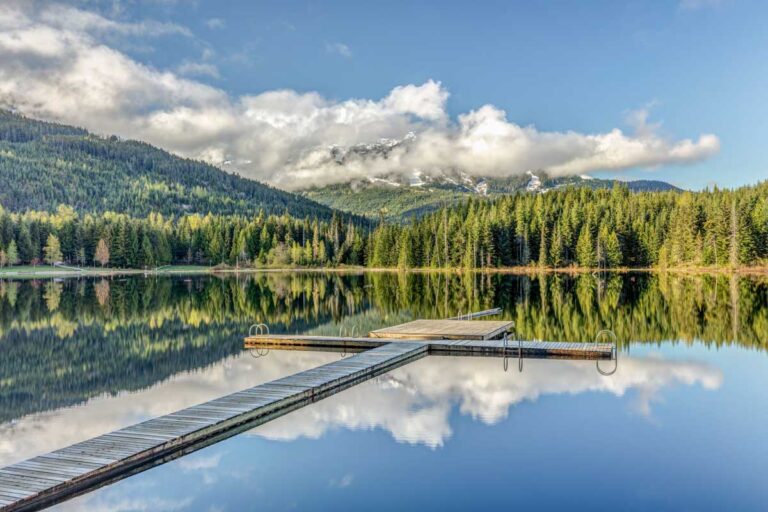 Reflections at the dock on Lost Lake, Whistler