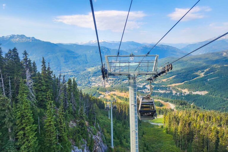 The view from the window of the gondola in Whistler looking at Whistler town