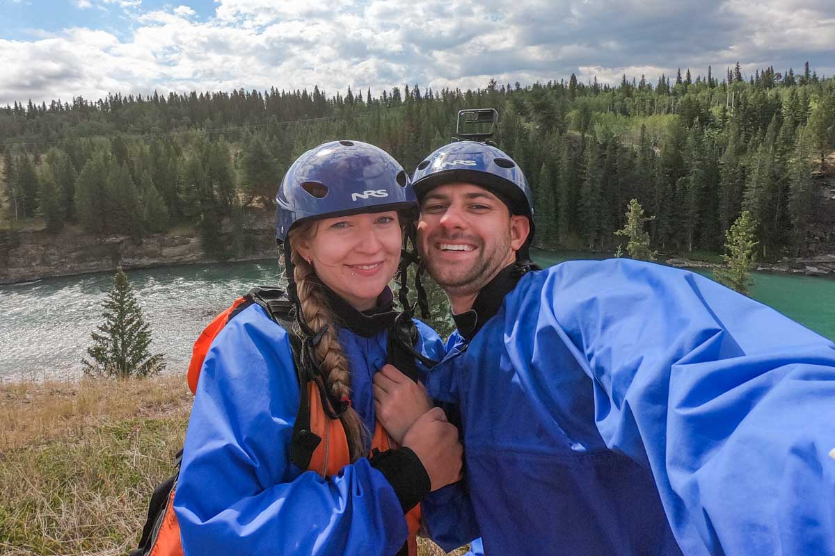 Bailey and Daniel take a selfie after a white water rafting tour in Canada