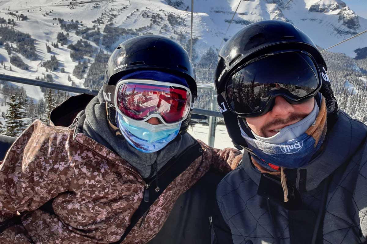 Bailey and Daniel take a selfie at the Banff Sunshine Gondola in winter