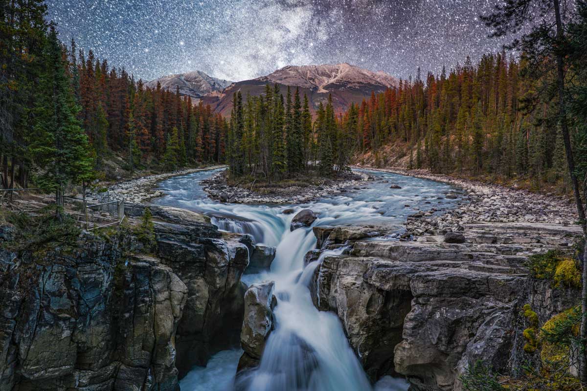 The milkyway above Sunwapta Falls Jasper National Park at night