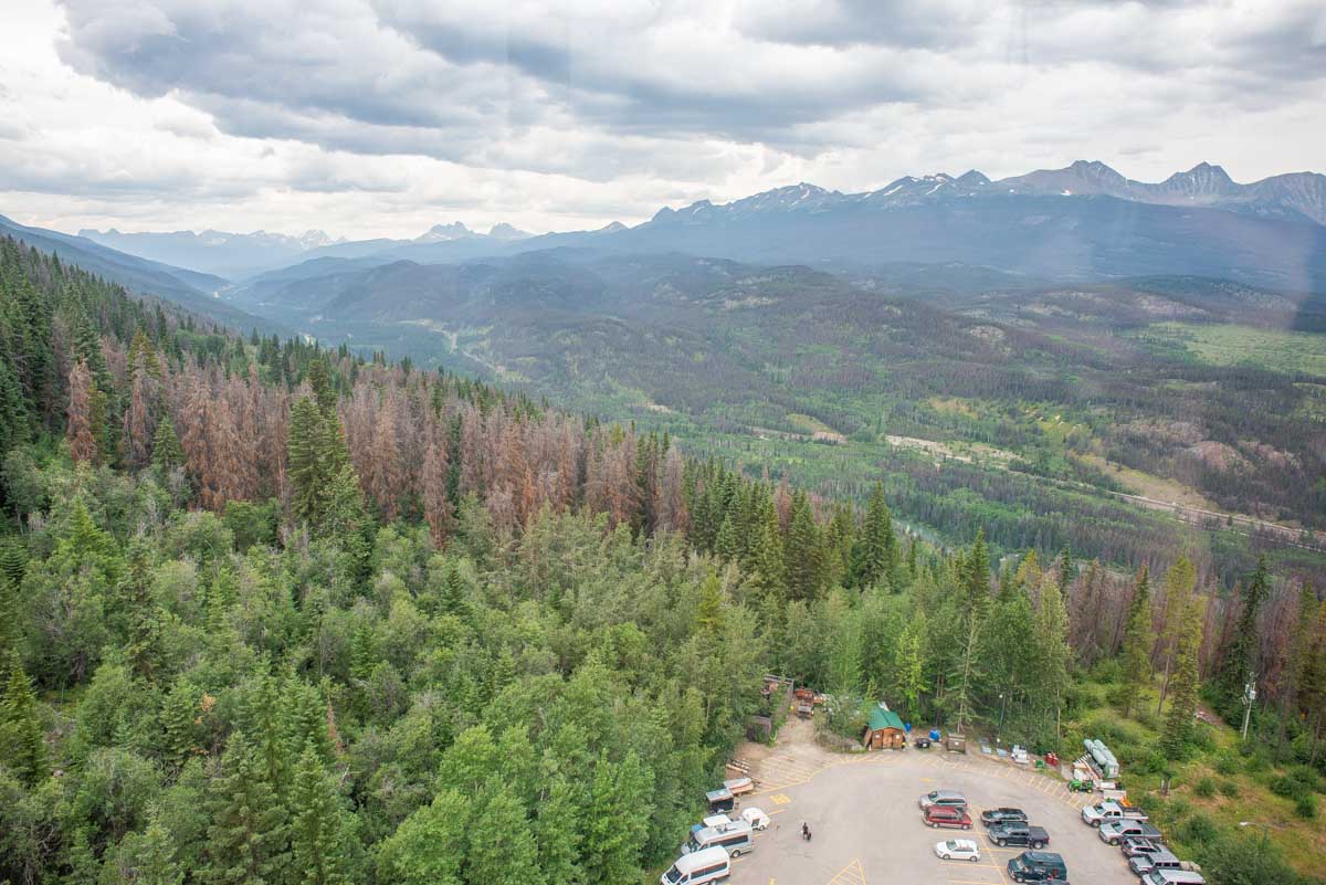 View of the Jasper Skytram parking lot at surounding area as seen from the Jasper Skytram