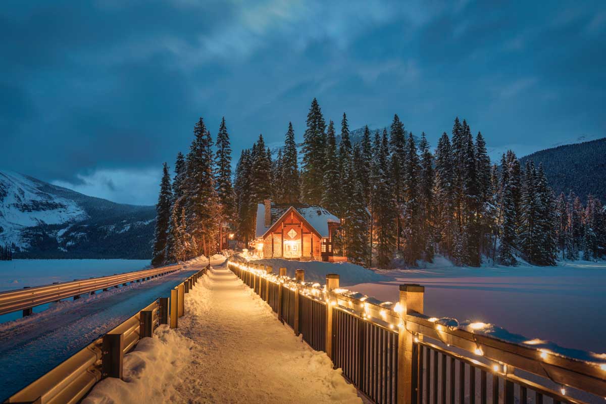 Winter at the Emerald Lake Lodge bridge at Emerald Lake in Yoho National Park, Canada