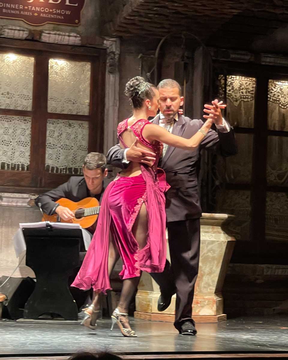 A close up of two dancers during a Buenos Aires tango show at House of Tango in Argentina