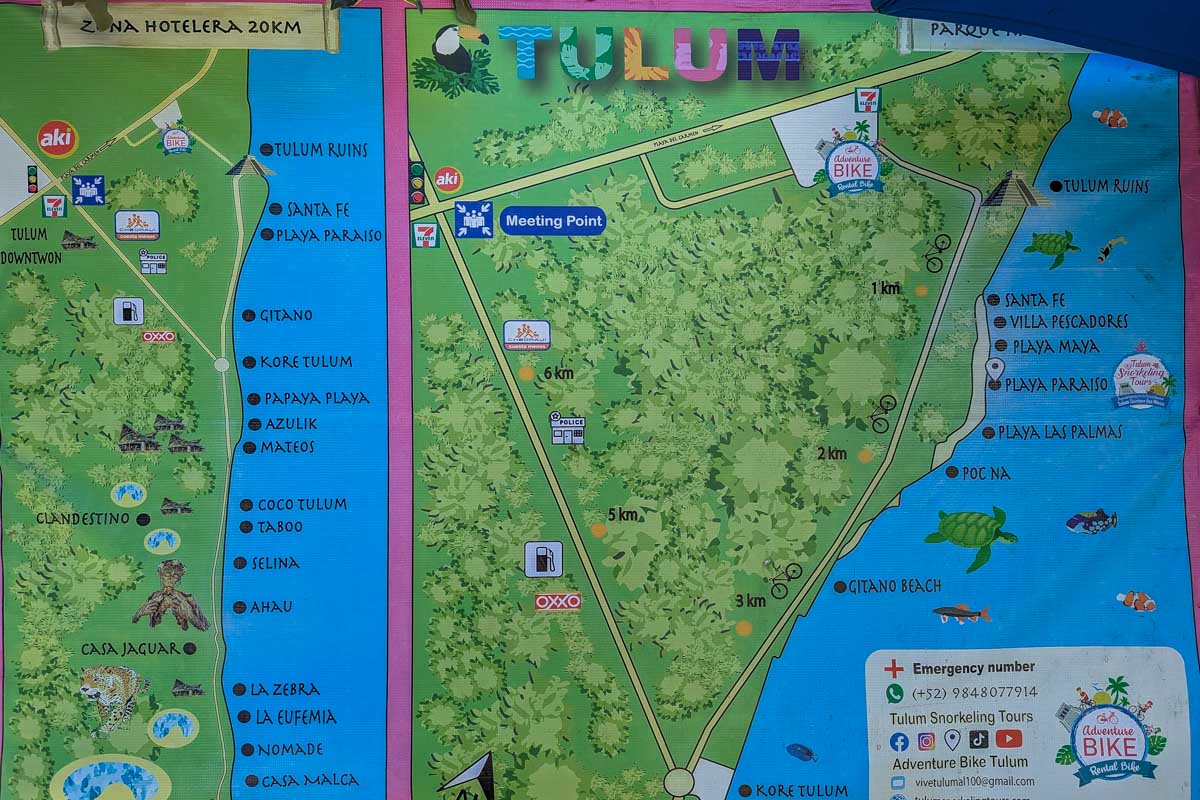 A map of the Tulum ruins as well as entrance and parking