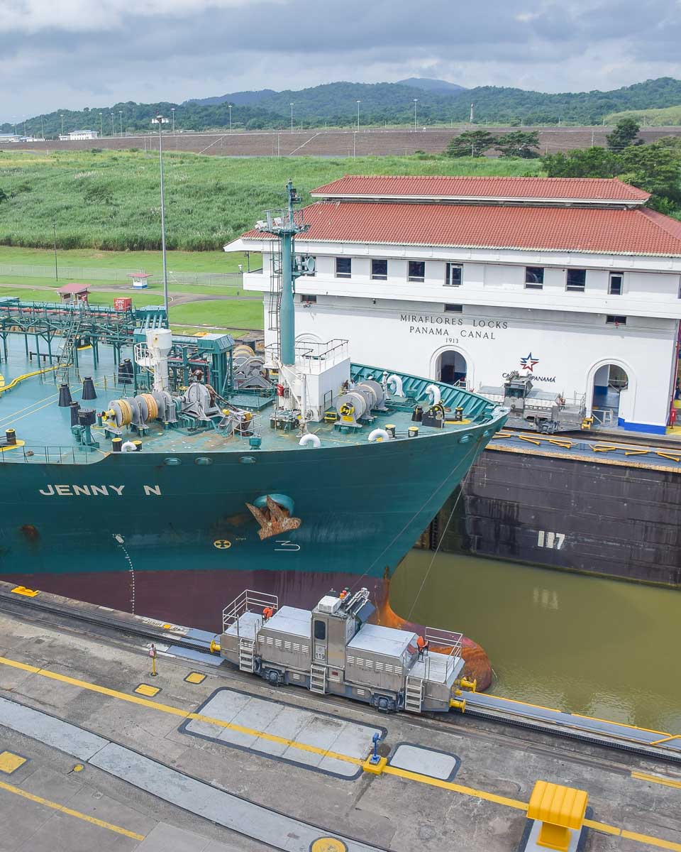 A ship passes through the Panama Canal, in Panama City, Panama
