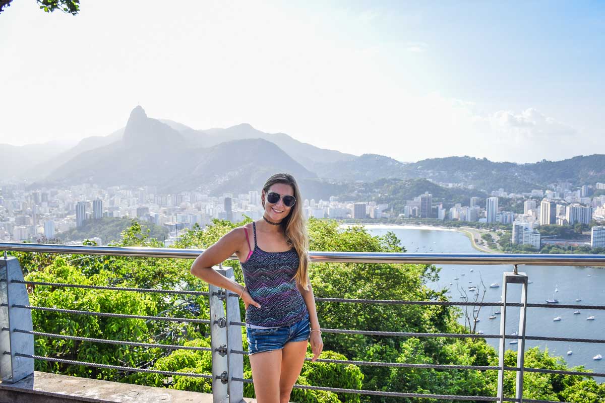 Bailey at the top viewing platform of Sugarloaf Mountain (Pão de Açúcar) in Rio, Brazil