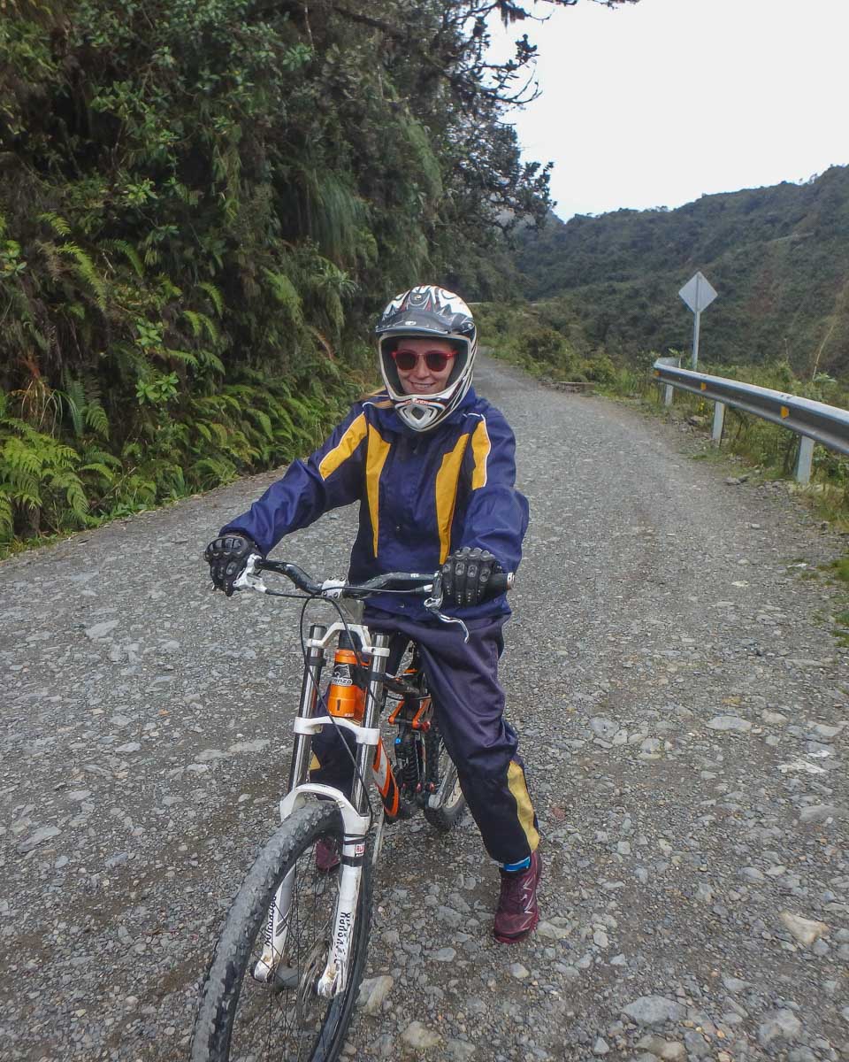 Bailey on a bike on the Death Road in Bolivia