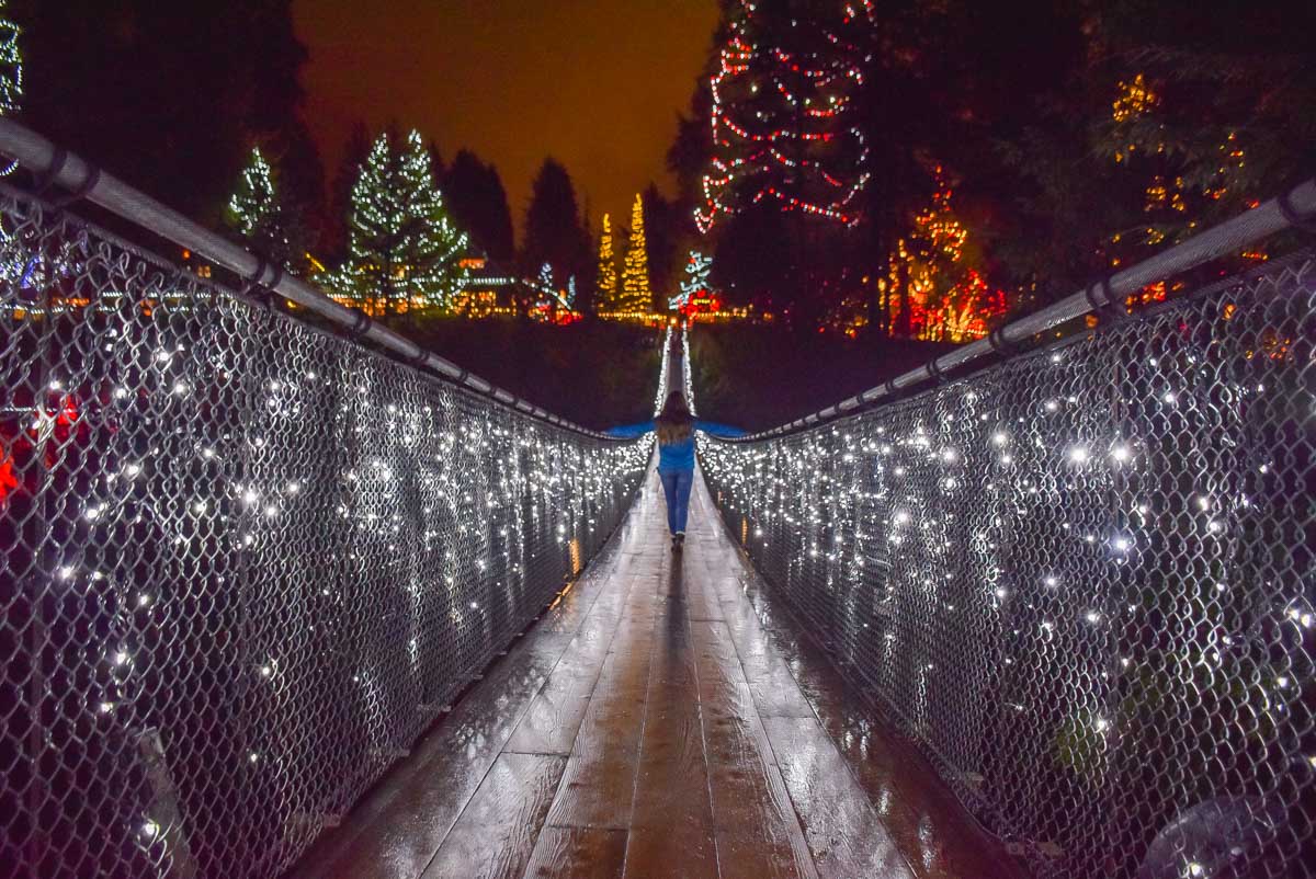Bailey on the Capilano Suspension Bridge during the Canyon lights around Christmas in Vancouver