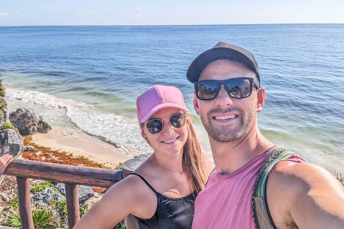 Daniel and Bailey take a selfie at the Tulum Ruins in Tulum, Mexico