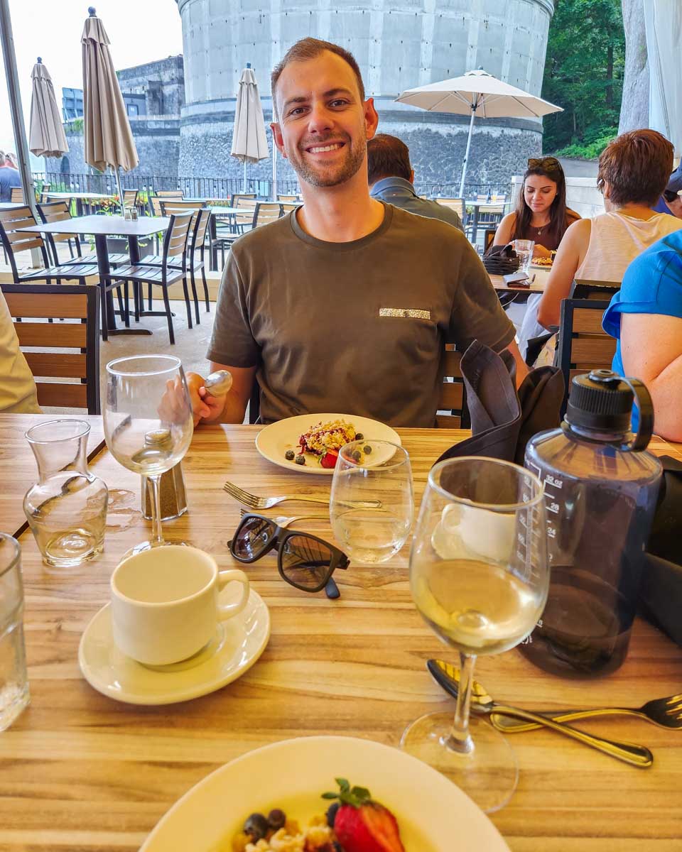 Daniel enjoys dessert at Queen Victoria Place Restaurant at Niagara Falls