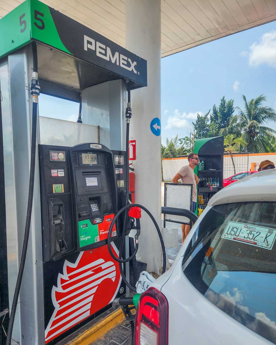 Fueling up our rental car in Mexico