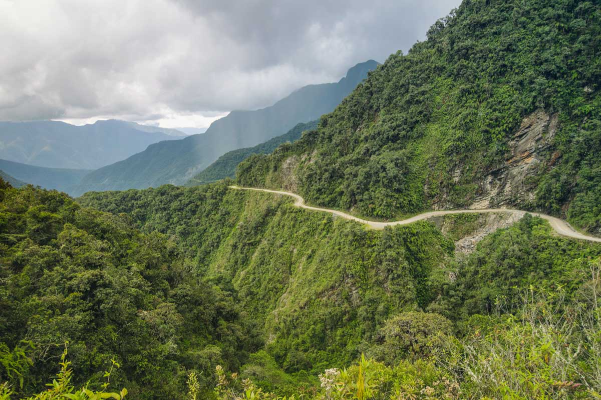 The Death Road winds its way along a cliff near La Paz, Bolivia
