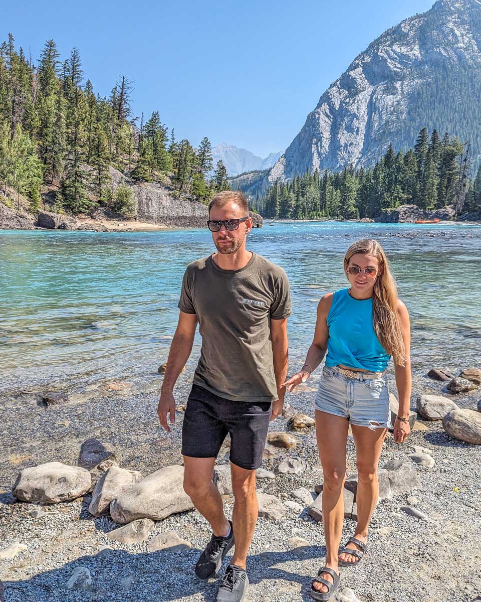 Bailey and Daniel at Bow Falls viewpoint in Banff National Park