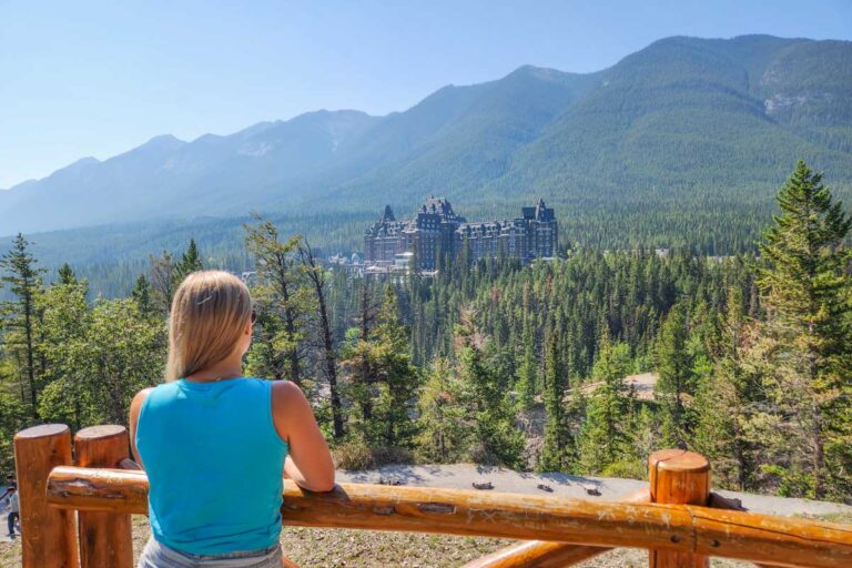 Bailey at Surprise Corner viewpoint in Banff, Canada
