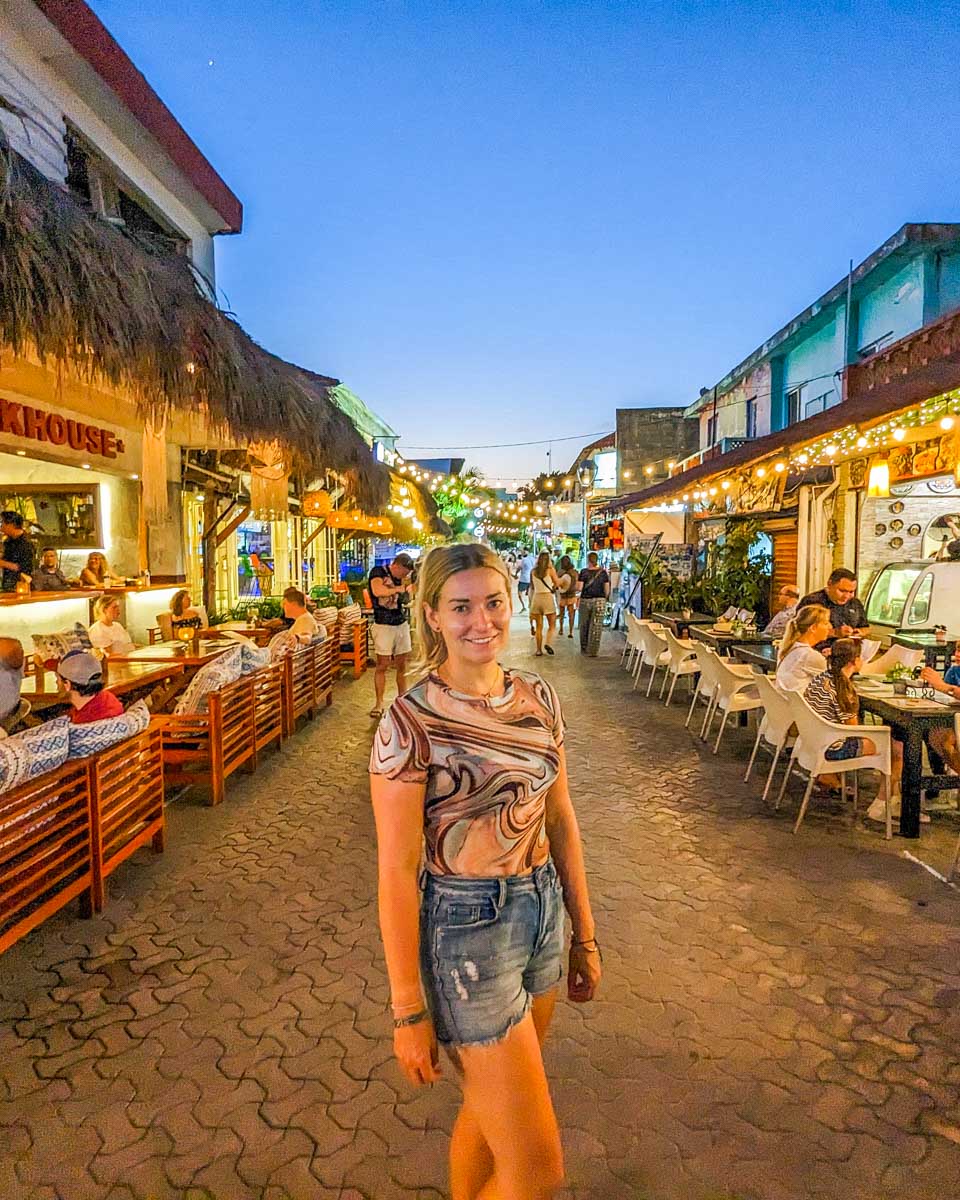 Bailey at night on the main street of Isla Mujeres