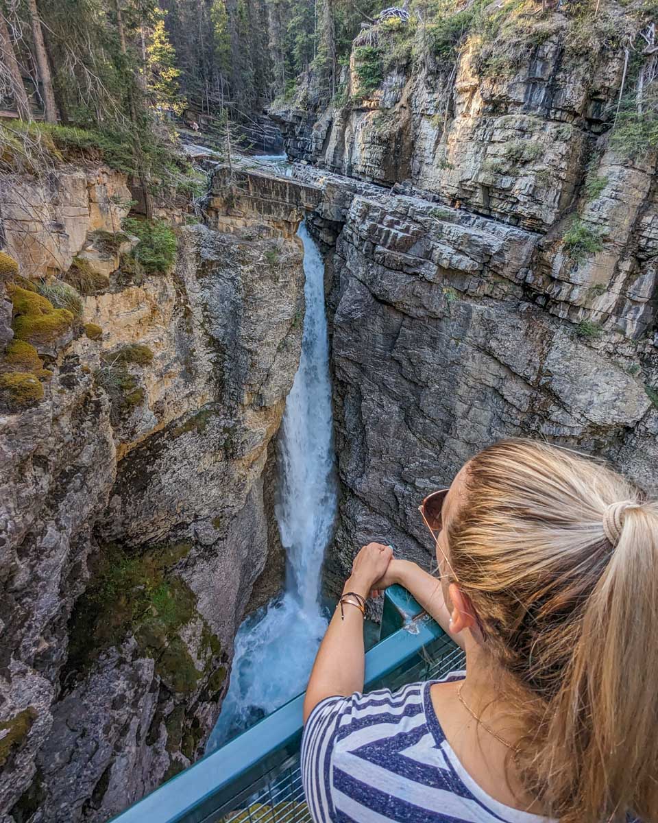 Bailey at the Upper Falls at Johnston Canyon in Banff National Park