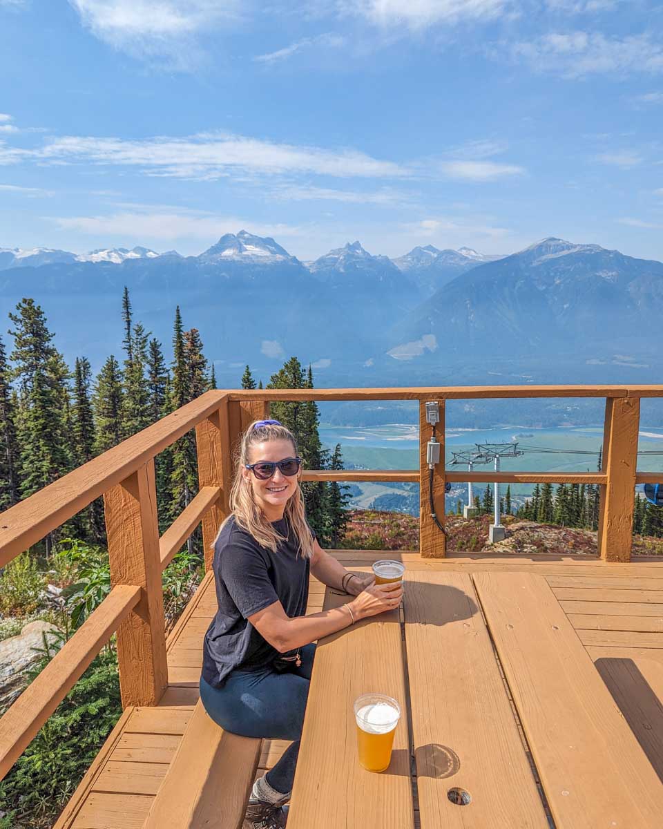 Bailey enjoys a beer at Mackenzie Outpost in Revelstoke