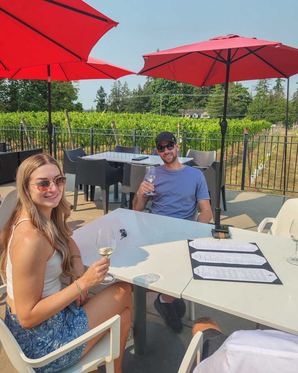 Bailey enjoys a wine tasting at a winery near Vancouver, Canada