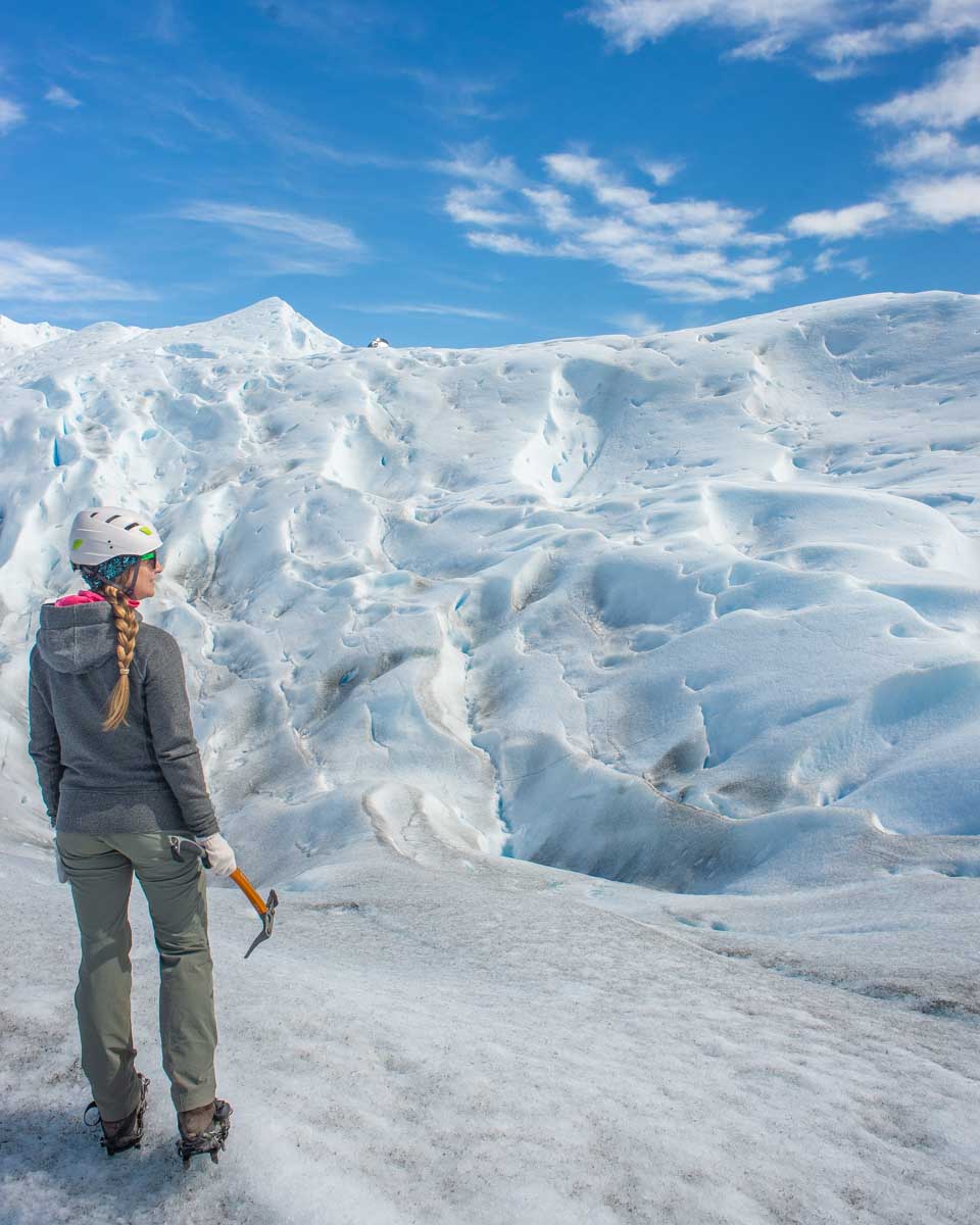 Bailey stands on the ice during a glacier trekking tour on Perito Moreno Glacier