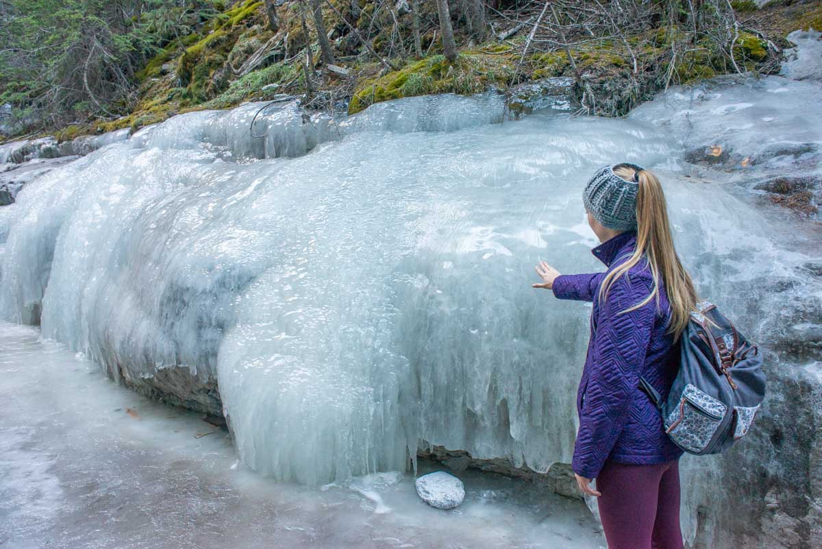 Bailey touches ice on the walls of the Grooto Canyon in Canmore, Alberta