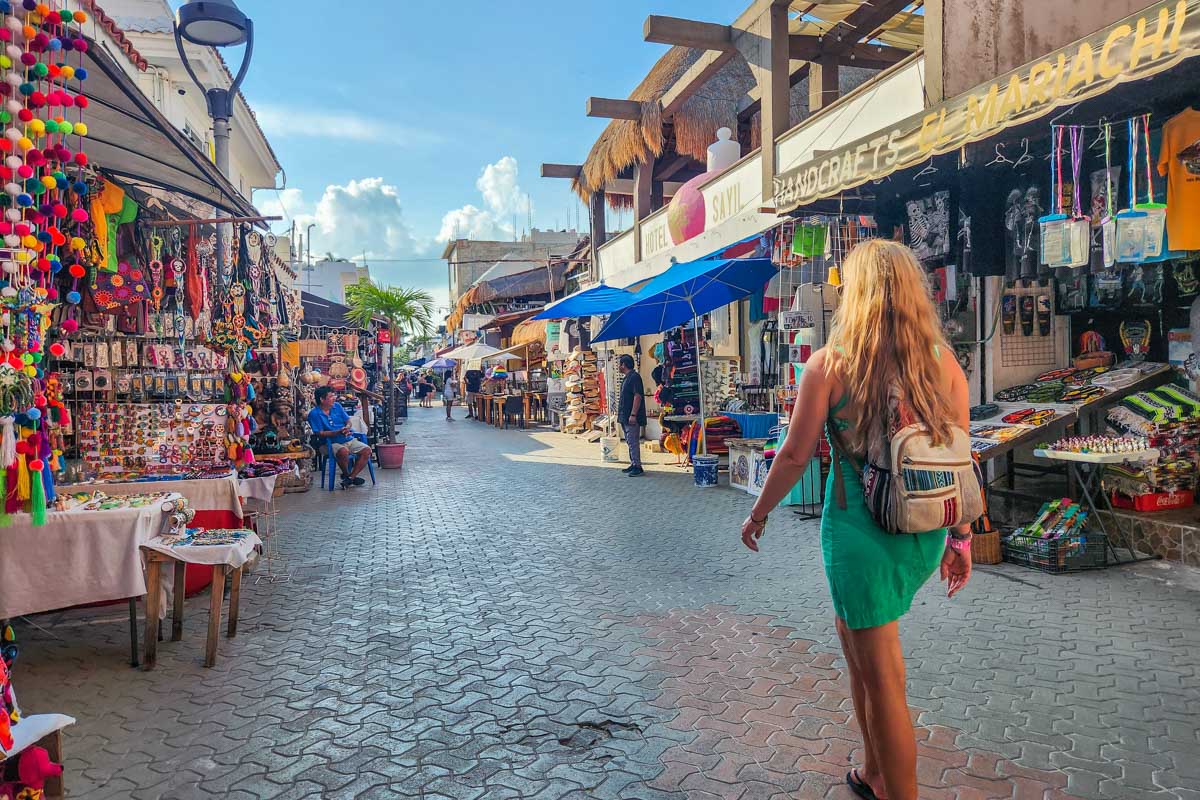 Bailey walks amoung the restaurants and Bars on Isla Mujeres